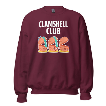 Clamshell Club funny physical therapy crewneck sweatshirt — Maroon, front