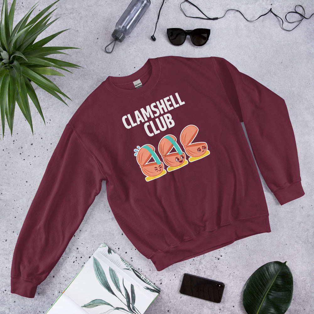 Clamshell Club funny physical therapy crewneck sweatshirt — Maroon, flat lay
