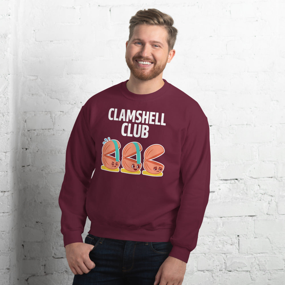 Clamshell Club funny physical therapy crewneck sweatshirt — Maroon, on model