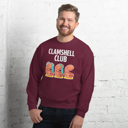 Clamshell Club funny physical therapy crewneck sweatshirt — Maroon, on model