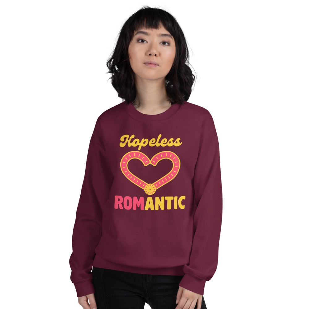 Hopeless ROMantic funny physical therapy crewneck sweatshirt — Maroon, on model