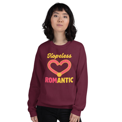 Hopeless ROMantic funny physical therapy crewneck sweatshirt — Maroon, on model