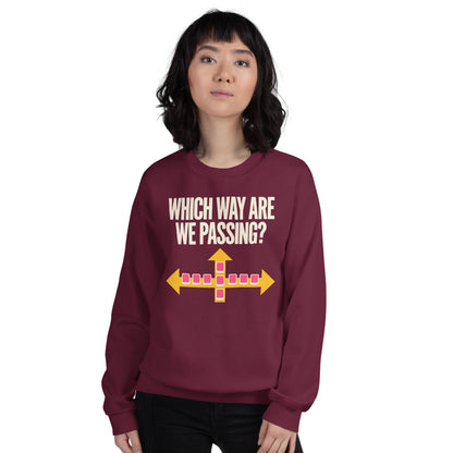 Which Way Are We Passing funny mahjong crewneck sweatshirt — Maroon, on model