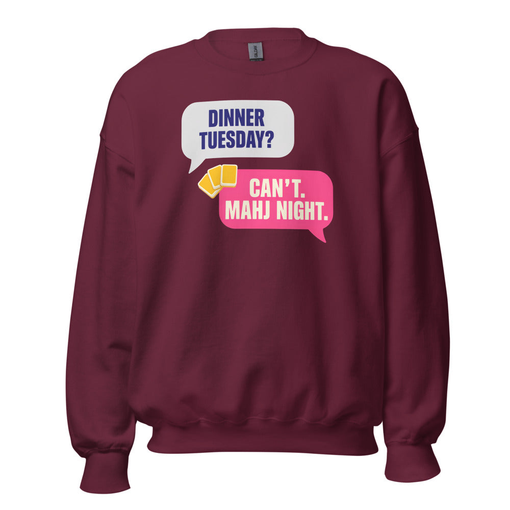 Mahj Night funny mahjong crewneck sweatshirt — Maroon, front
