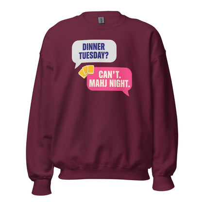 Mahj Night funny mahjong crewneck sweatshirt — Maroon, front