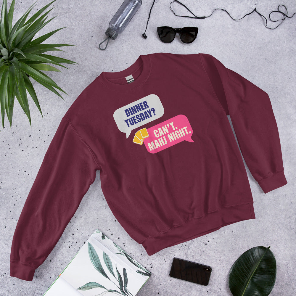 Mahj Night funny mahjong crewneck sweatshirt — Maroon, flat lay