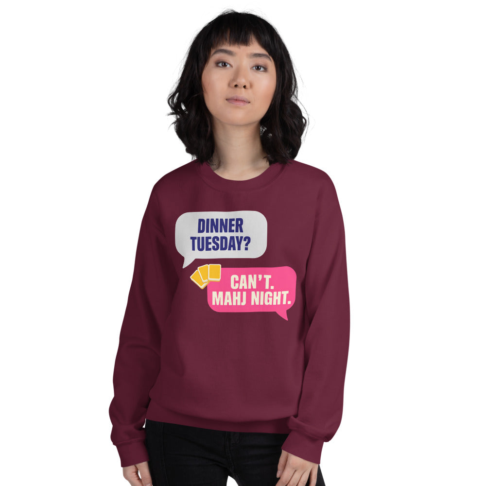 Mahj Night funny mahjong crewneck sweatshirt — Maroon, on model