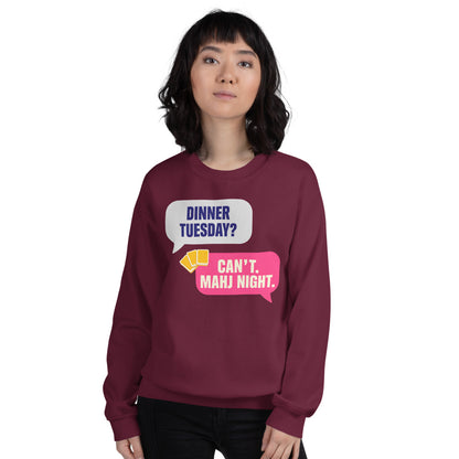 Mahj Night funny mahjong crewneck sweatshirt — Maroon, on model