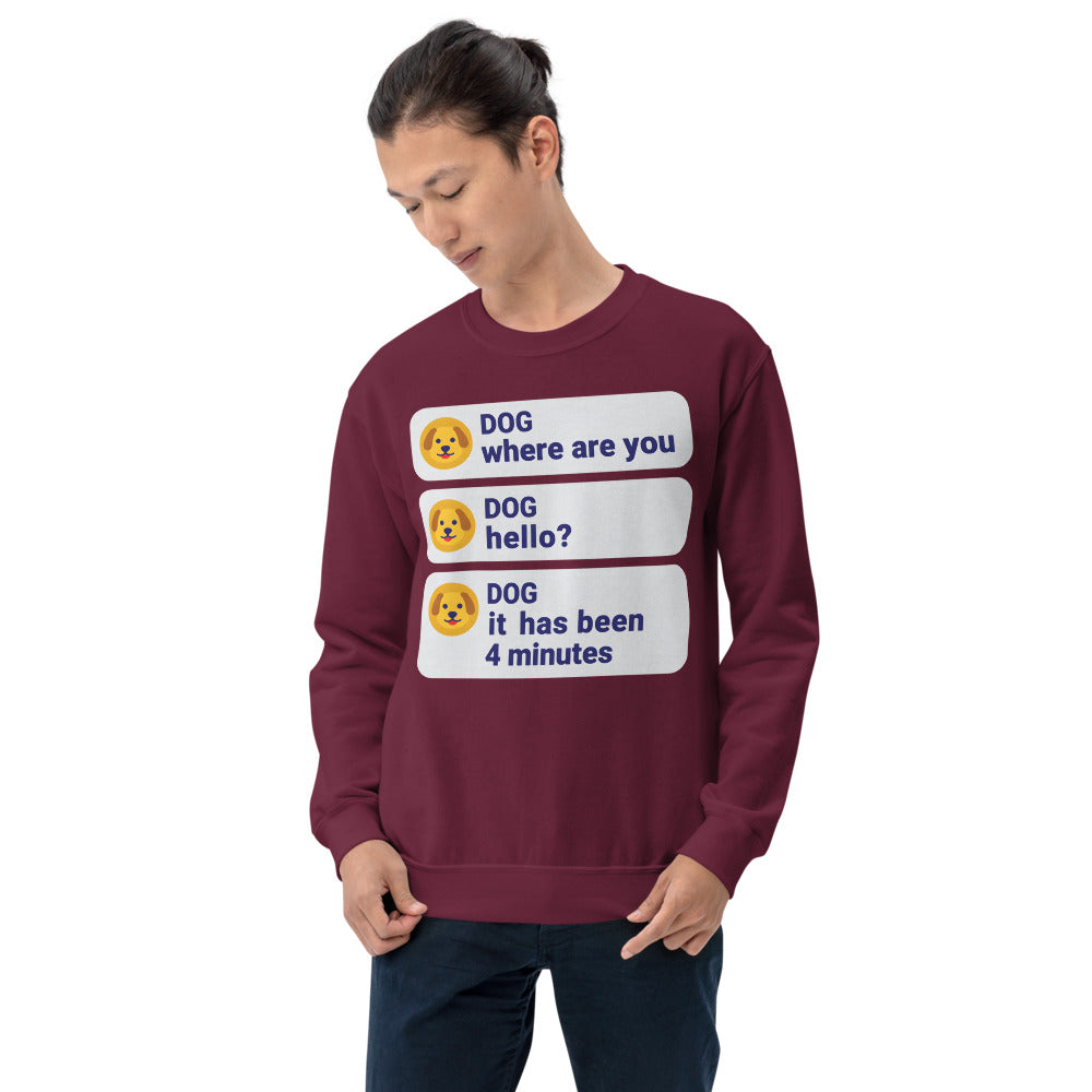 It Has Been 4 Minutes funny dog dad crewneck sweatshirt — Maroon, on model