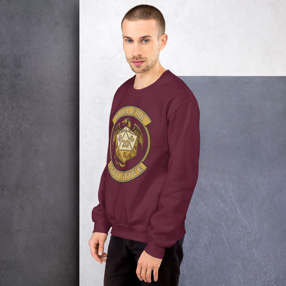 Roll For Initiative d20 dragon tabletop RPG crewneck sweatshirt — Maroon, on model