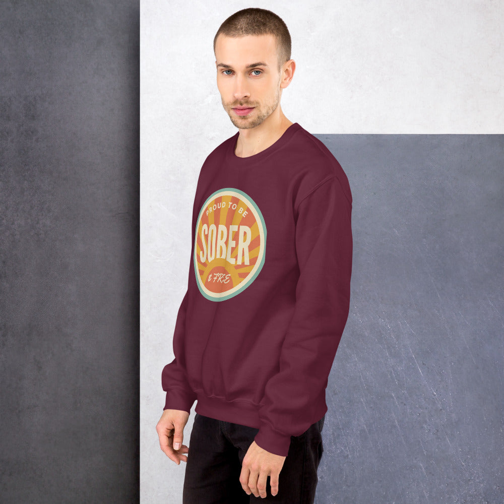 Sober & Proud retro sunburst crewneck sweatshirt — Maroon, on model