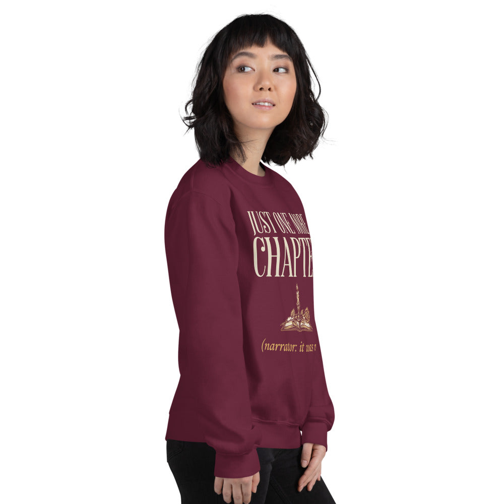Model wearing the Just One More Chapter book lover crewneck — Maroon