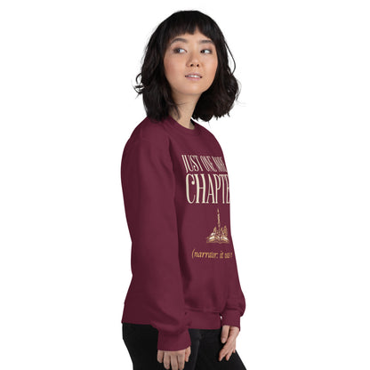 Model wearing the Just One More Chapter book lover crewneck — Maroon