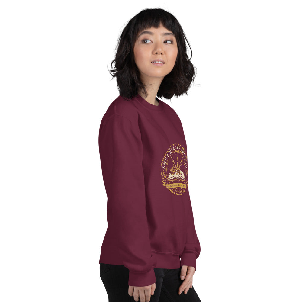 Smut Reader Society book lover dark academia crewneck sweatshirt — Maroon, on model