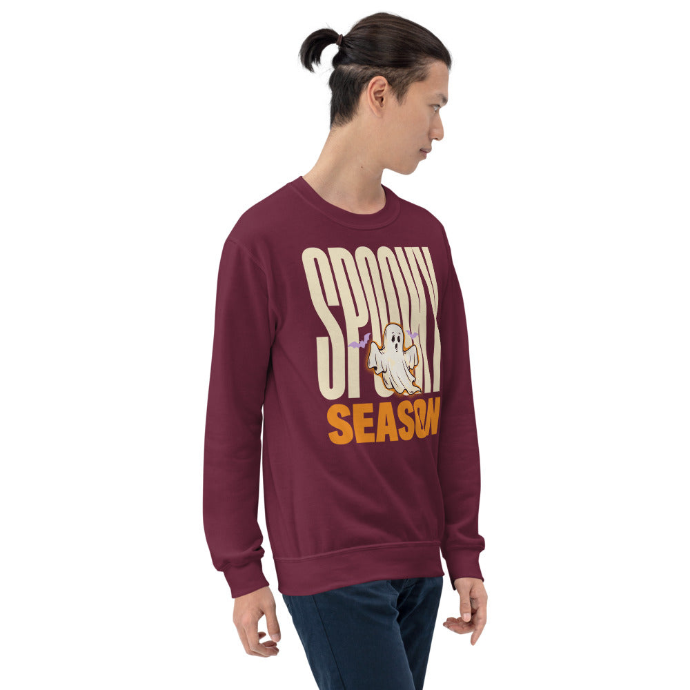 Spooky Season retro Halloween ghost typography crewneck sweatshirt — Maroon, on model