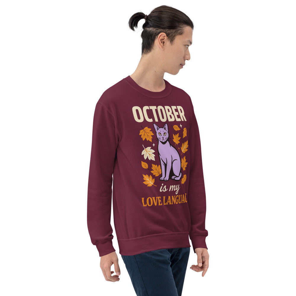 October Is My Love Language retro Halloween black cat crewneck sweatshirt — Maroon, on model