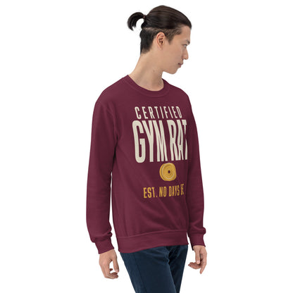 Certified Gym Rat vintage athletic crewneck sweatshirt — Maroon, on model