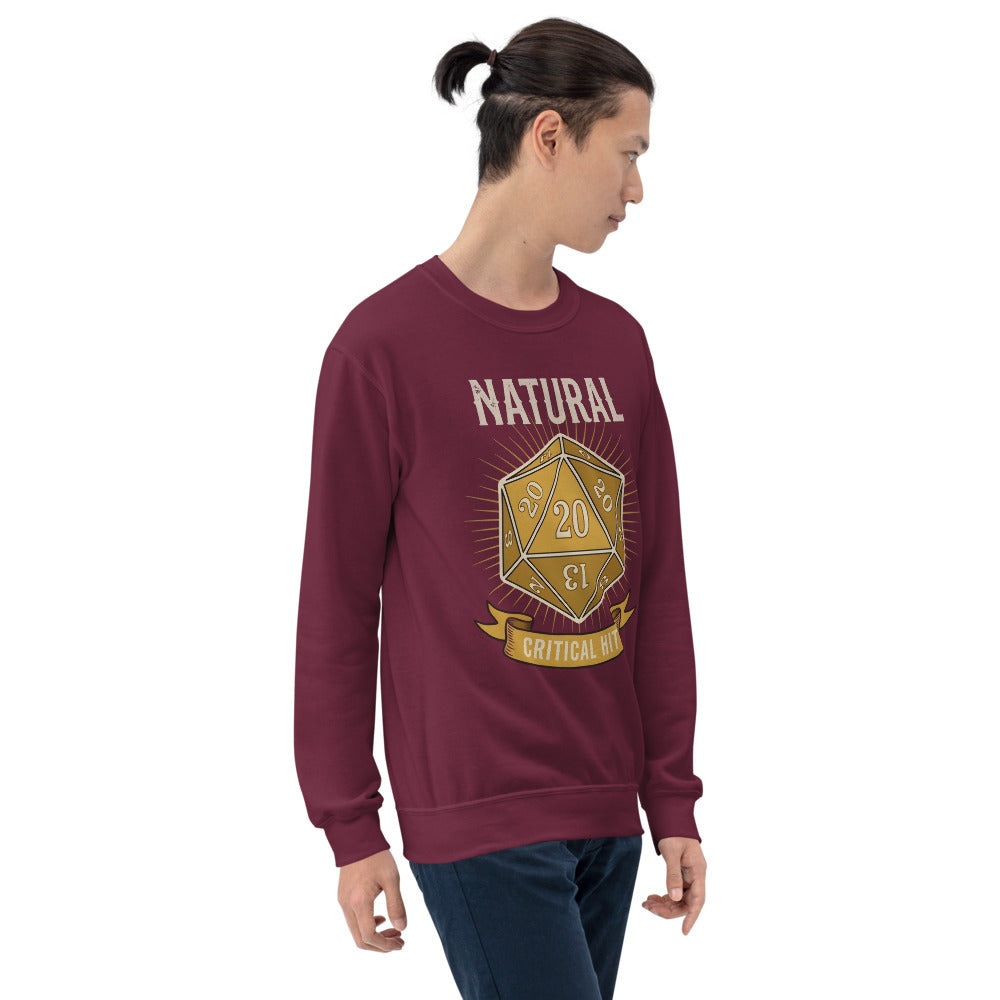 Natural 20 critical hit d20 tabletop RPG crewneck sweatshirt — Maroon, on model