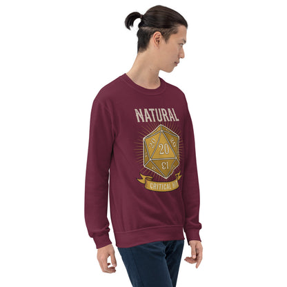 Natural 20 critical hit d20 tabletop RPG crewneck sweatshirt — Maroon, on model
