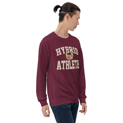 Hybrid Athlete vintage varsity crewneck sweatshirt — Maroon, on model
