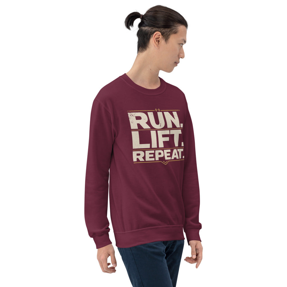 Run Lift Repeat vintage athletic crewneck sweatshirt — Maroon, on model