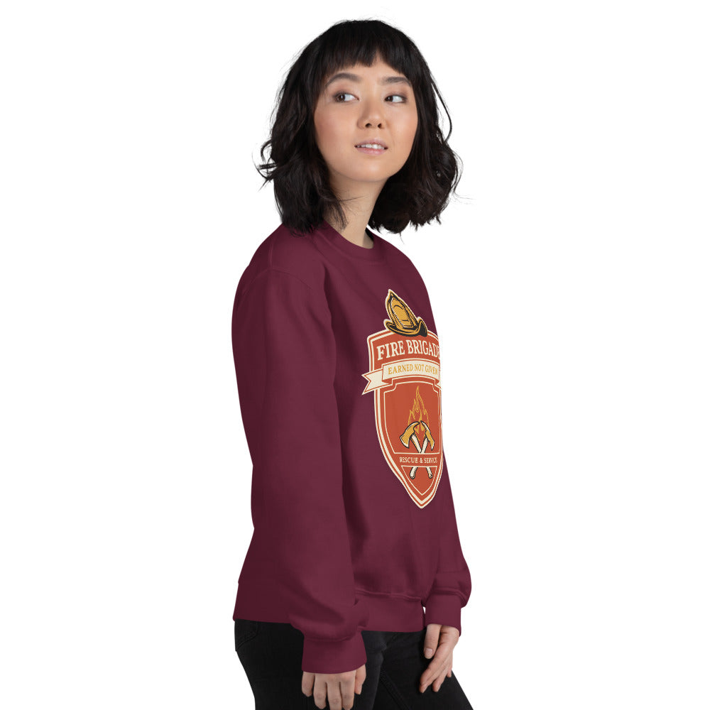 Fire Brigade Earned Not Given retro firefighter shield emblem crewneck sweatshirt — Maroon, on model