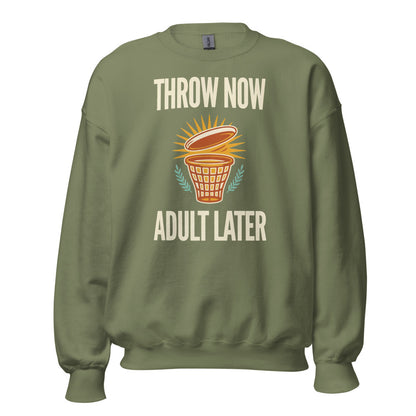 Throw Now Adult Later disc golf retro crewneck sweatshirt — Military Green, front