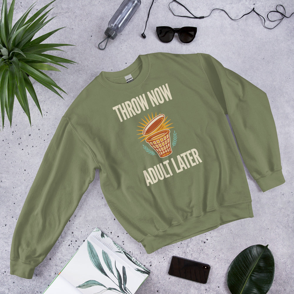 Throw Now Adult Later disc golf retro crewneck sweatshirt — Military Green, front angle