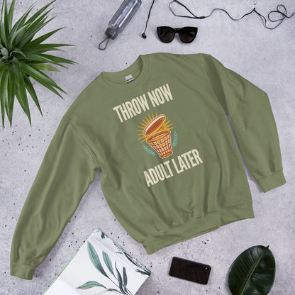 Throw Now Adult Later disc golf retro crewneck sweatshirt — Military Green, front angle