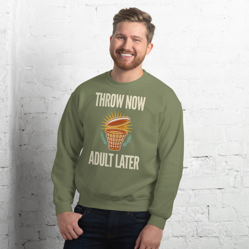 Throw Now Adult Later disc golf retro crewneck sweatshirt — Military Green, on model