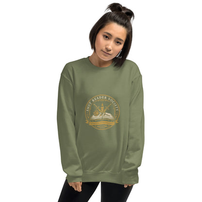 Smut Reader Society book lover dark academia crewneck sweatshirt — Military Green, on model