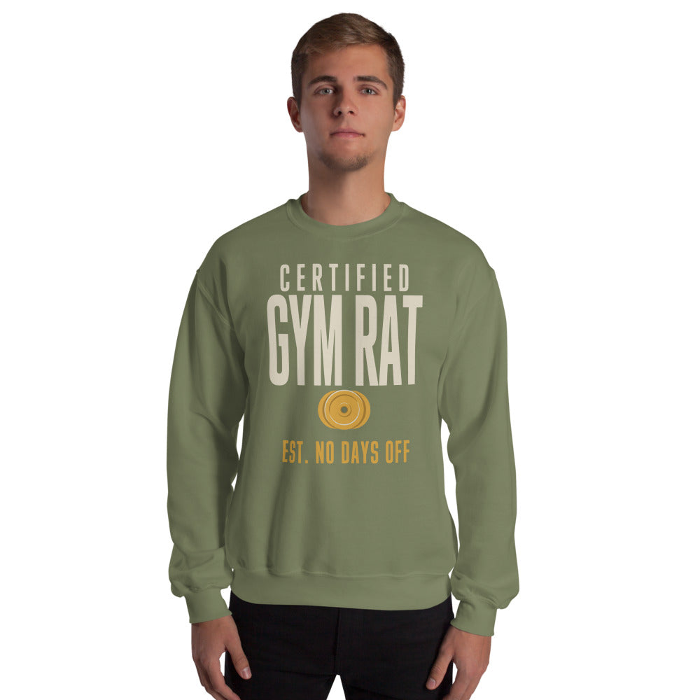 Certified Gym Rat vintage athletic crewneck sweatshirt — Military Green, on model