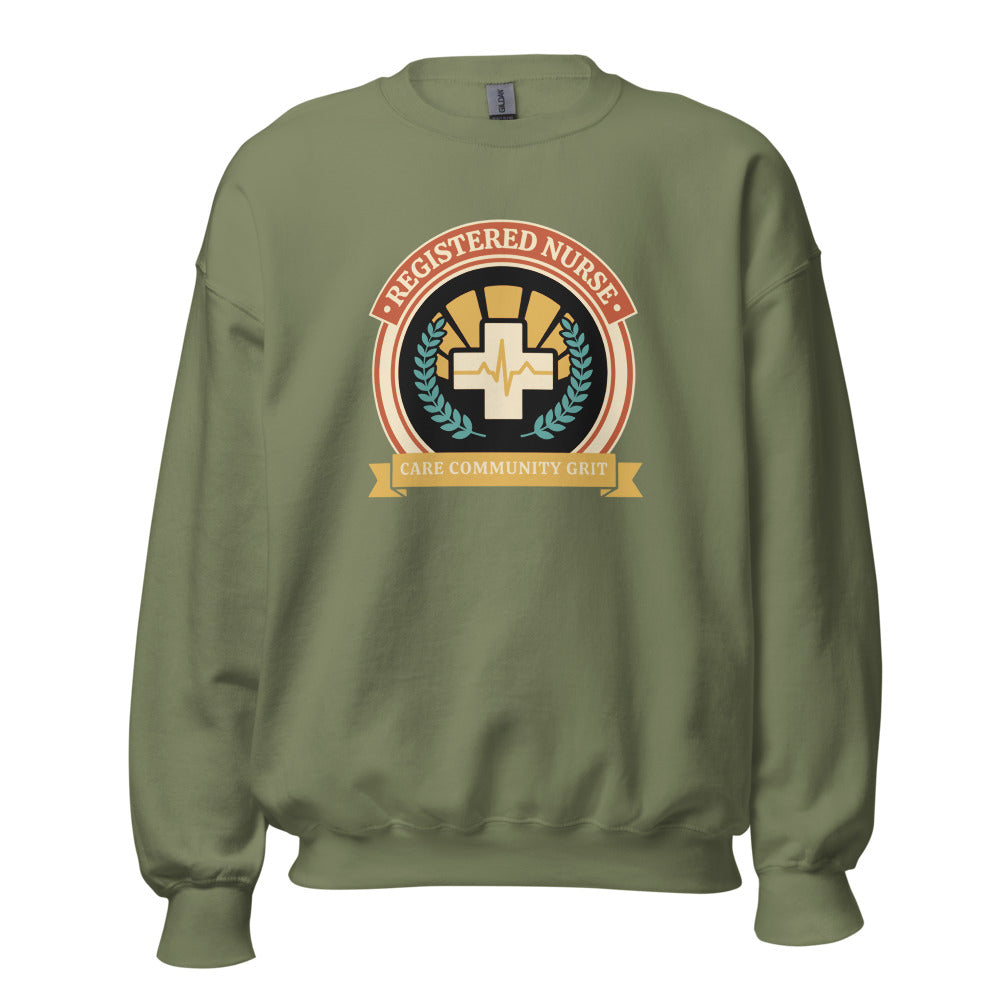Registered Nurse vintage healthcare emblem badge crewneck sweatshirt — Military Green, front