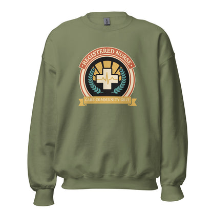 Registered Nurse vintage healthcare emblem badge crewneck sweatshirt — Military Green, front