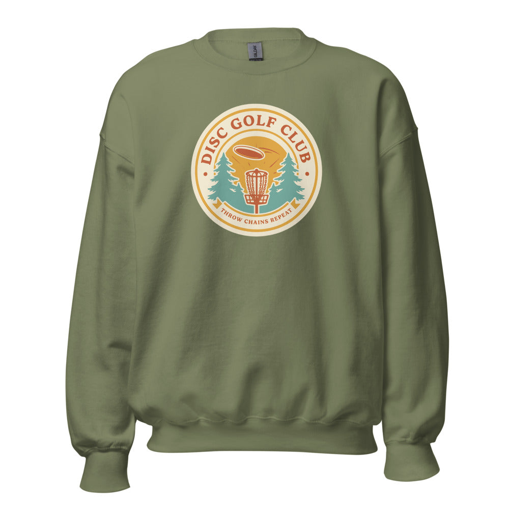 Disc Golf Club retro badge crewneck sweatshirt — Military Green, front