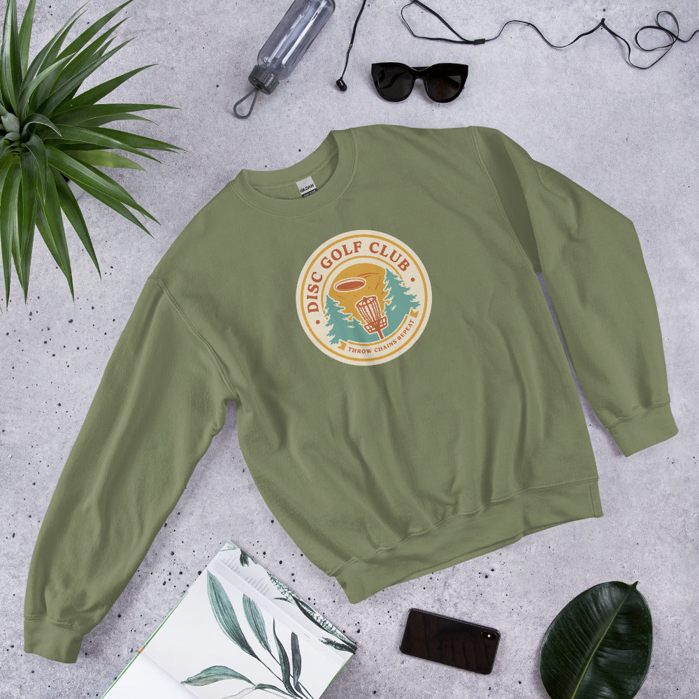Disc Golf Club retro badge crewneck sweatshirt — Military Green, front-right