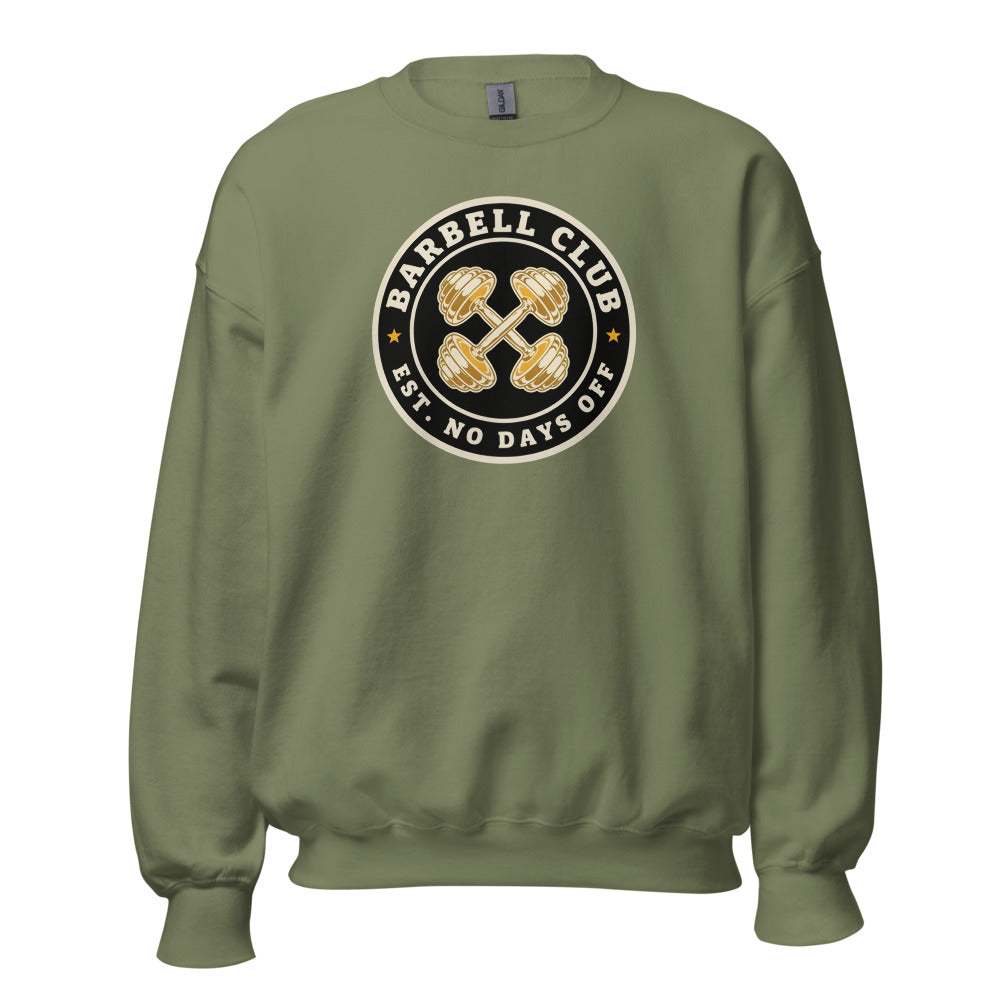 Barbell Club No Days Off vintage gym crewneck sweatshirt — Military Green, front