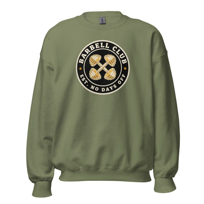 Barbell Club No Days Off vintage gym crewneck sweatshirt — Military Green, front