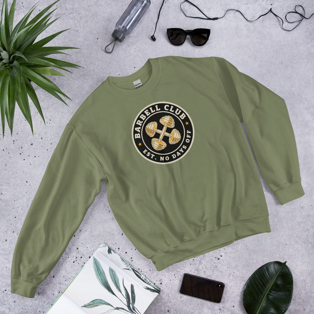 Barbell Club No Days Off vintage gym crewneck sweatshirt — Military Green, front-right
