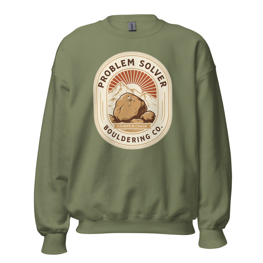 Problem Solver Bouldering Badge crewneck sweatshirt — Military Green, front