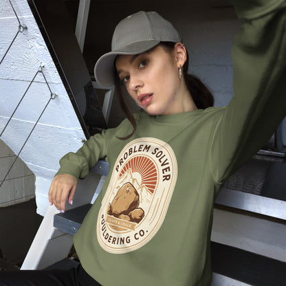 Problem Solver Bouldering Badge crewneck sweatshirt — Military Green, on model