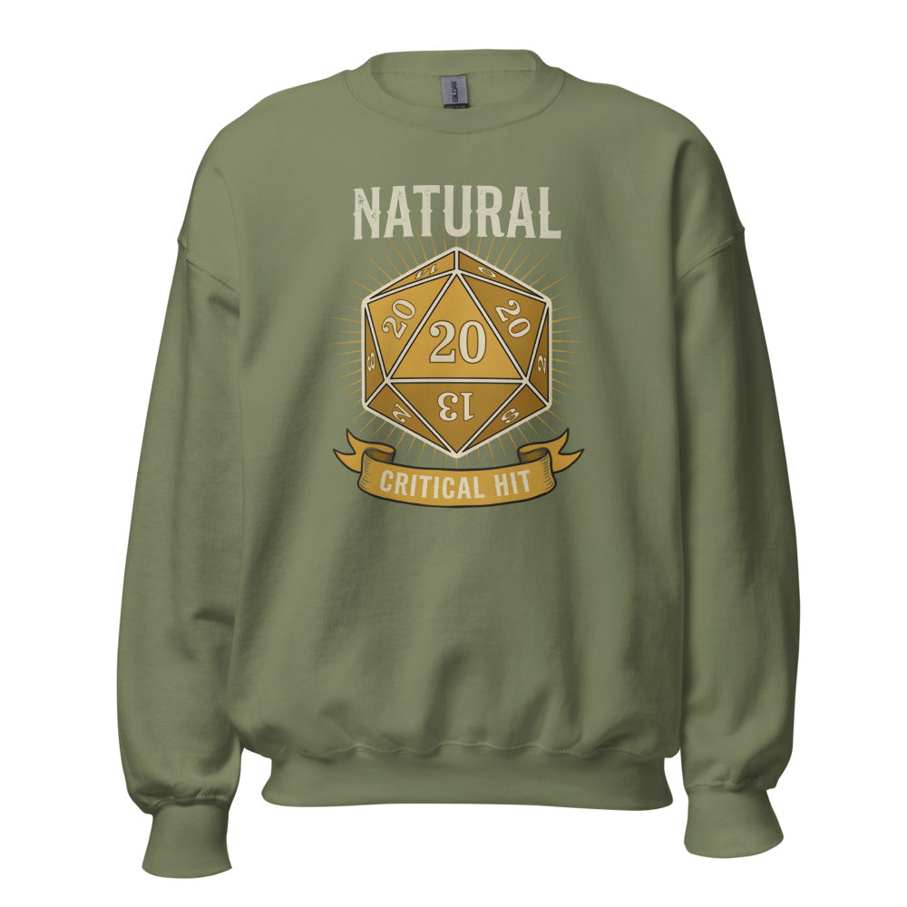 Natural 20 critical hit d20 tabletop RPG crewneck sweatshirt — Military Green, front