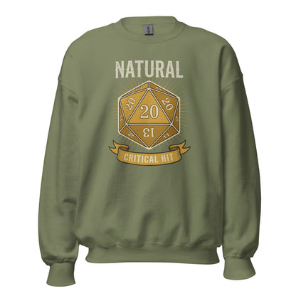 Natural 20 critical hit d20 tabletop RPG crewneck sweatshirt — Military Green, front