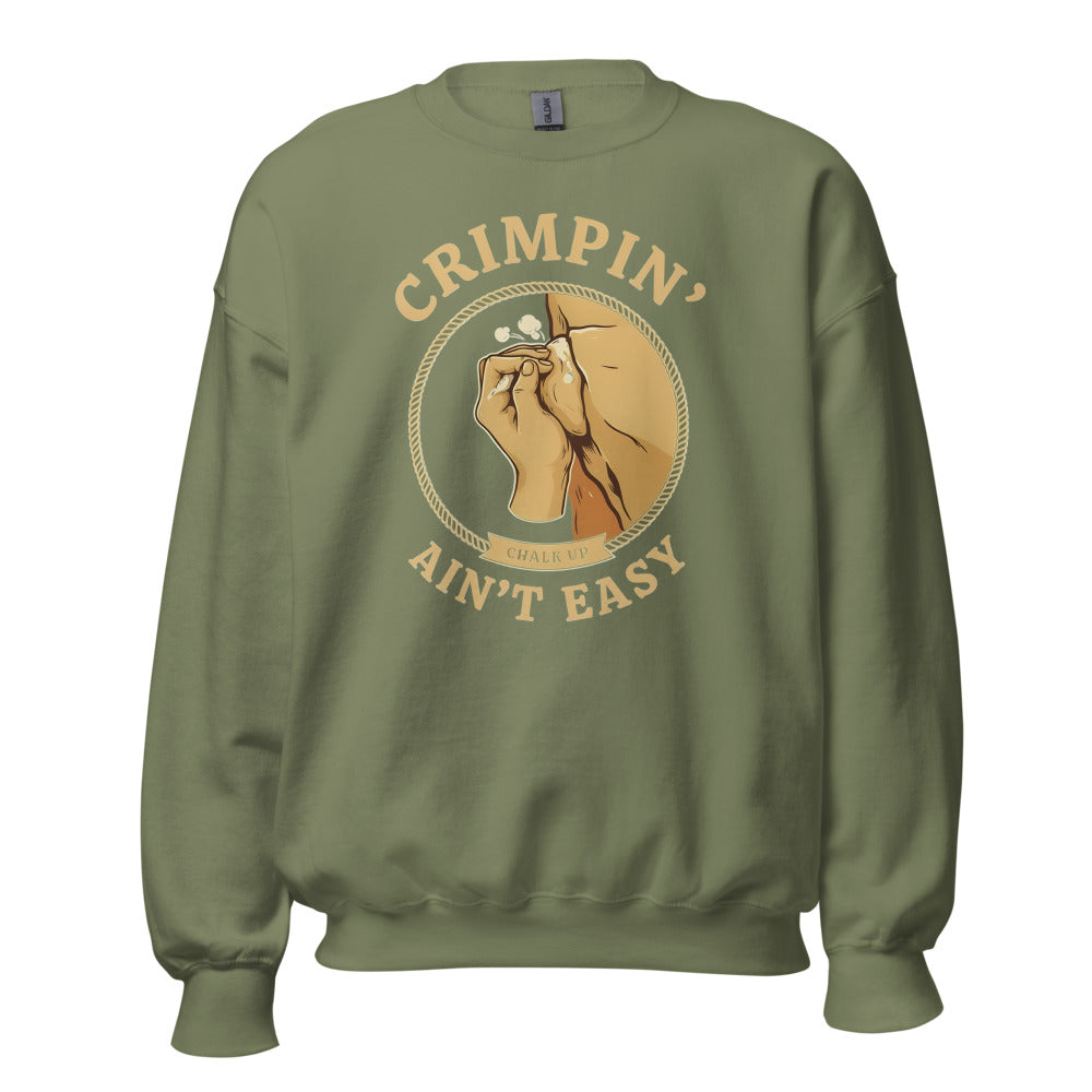 Crimpin' Ain't Easy bouldering badge crewneck sweatshirt — Military Green, front
