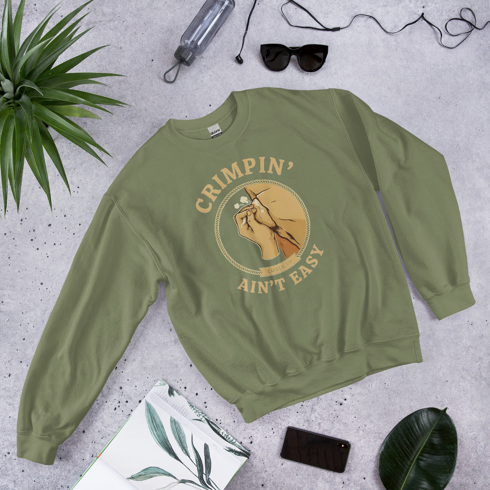 Crimpin' Ain't Easy bouldering badge crewneck sweatshirt — Military Green, front-right