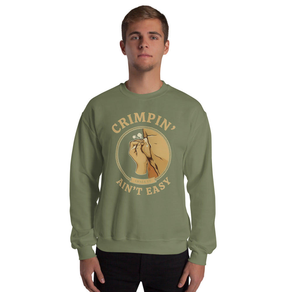 Crimpin' Ain't Easy bouldering badge crewneck sweatshirt — Military Green, on model