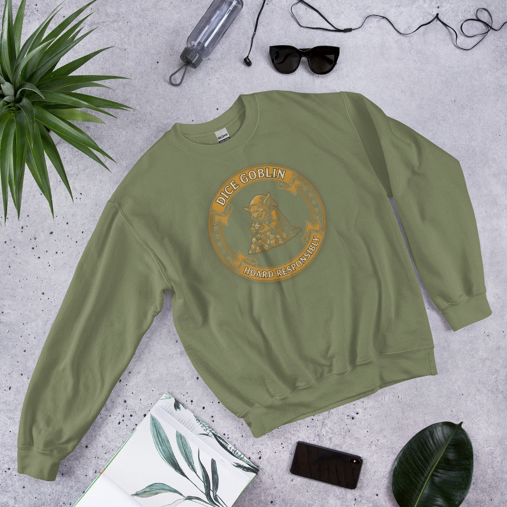 Dice Goblin Hoard Responsibly tabletop RPG crewneck sweatshirt — Military Green, front-right