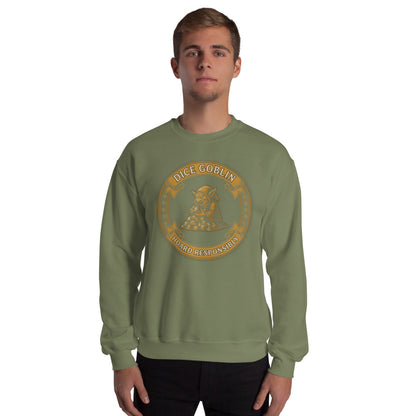 Dice Goblin Hoard Responsibly tabletop RPG crewneck sweatshirt — Military Green, on model