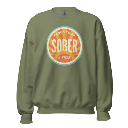 Sober & Proud retro sunburst crewneck sweatshirt — Military Green, front