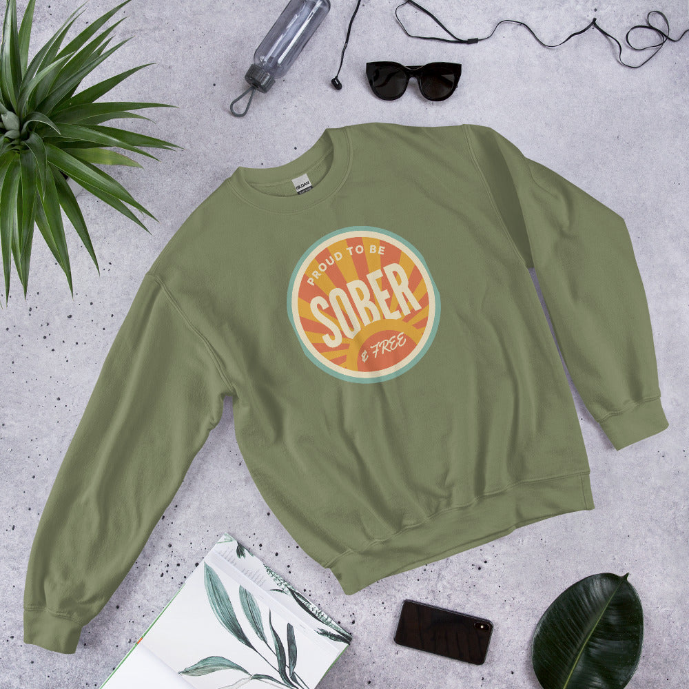 Sober & Proud retro sunburst crewneck sweatshirt — Military Green, front-right